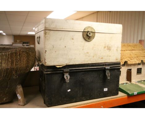 Vintage Metal Trunk and a White Covered Wooden Trunk with Large Brass Oriental Lock