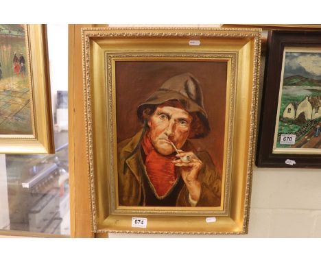 Oil on canvas. portrait of a sea fisherman smoking a clay pipe, approx 36cm x 26cm