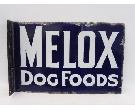 A Melox Dog Foods rectangular double sided enamel sign with reattached hanging flange and retouching beside the flange, 18 x 