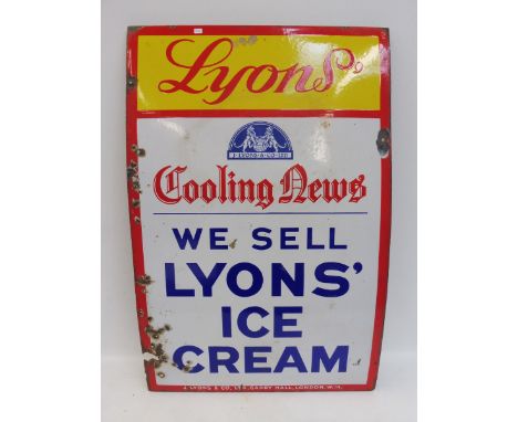A Lyons' Ice Cream 'Cooling News' rectangular enamel sign, 22 1/2 x 34 1/2".