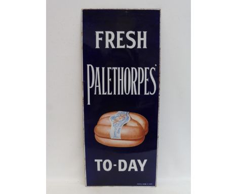 A Palethorpes' sausages To-Day enamel sign by Imperial Enamel Co. Birmingham, in near mint condition, 15 x 36".