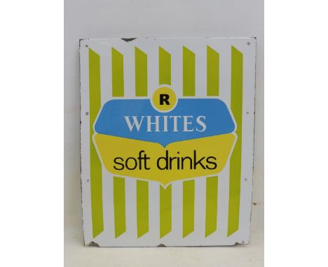 An R.Whites Soft Drinks enamel sign with horizontal flange top and bottom, 20 1/2 x 25 1/4". 