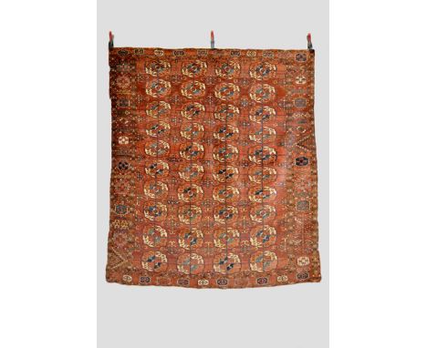 Tekke Turkmen 4 x 10 gul main carpet, Turkmenistan, mid-19th century, 7ft. x 5ft. 10in. 2.13m. x 1.78m. Overall wear, slightl