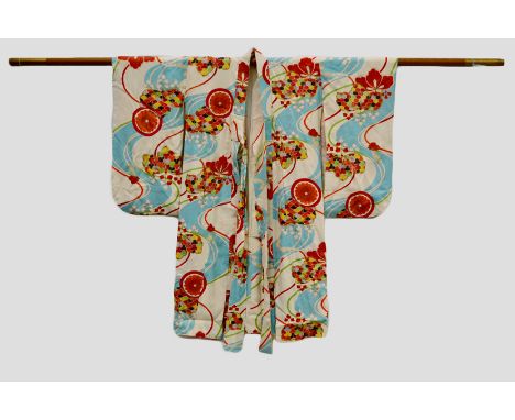 Two good Japanese silk kimonos, both 20th century, one ivory silk gloriously printed with large flowers with metallic details