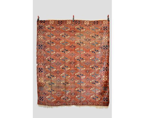 Exceptional early Tekke Turkmen 4 x 10 gul main carpet, Turkmenistan, early 19th century, 7ft. 3in. x 6ft. 3in. 2.21m. x 1.91