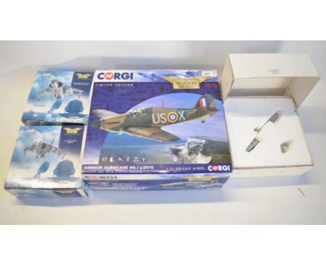 Four boxed diecast aircraft models to include 3x Corgi limited editions, 1/32 scale AA35509 Hawker Hurricane Mk1 Geoffrey Pag