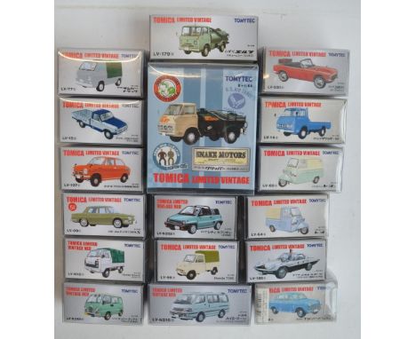 Seventeen boxed Japanese imported 1/64 scale diecast Tomica Limited Vintage models. Models appear mint, boxes/packaging from 