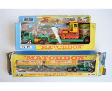 Two vintage boxed Matchbox diecast model trucks to include K-16 Dodge tractor with twin tipper train (model in excellent cond