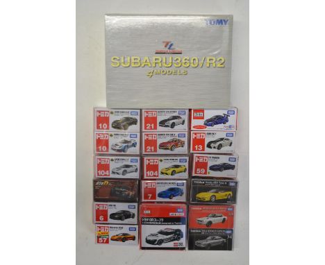 Eighteen boxed small scale diecast model car sets from Takara Tomy, all Japanese imports to include 4 car Subaru 360/R2 set (