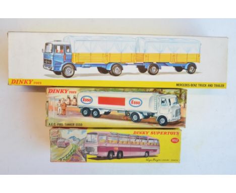 Three vintage Dinky Toys diecast model vehicles to include 917 Mercedes-Benz Truck And Trailer (model in excellent though dir