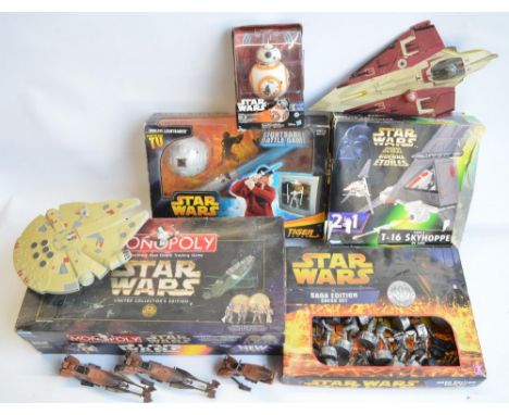 Collection of Star Wars toys, models and board games to include Saga Edition Chess set (incomplete, 1 figure from each side m