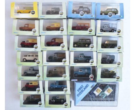 Twenty five 1/76 scale OO gauge diecast land Rover and Range Rover vehicle models from Oxford Diecast to include 76SET64 2 pi