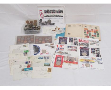 Assorted collection of c20th International and GB coins, VE day &amp; other First Day Covers with proof coins and loose stamp