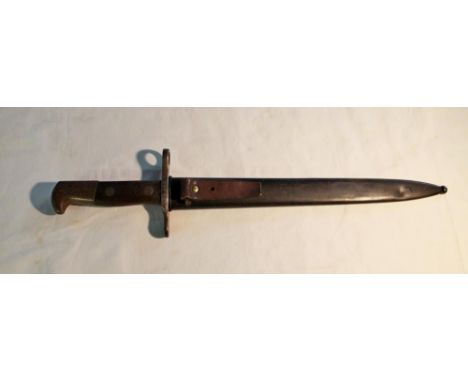 Swiss 1889 pattern bayonet in original metal scabbard, with unusual fuller, serial no. 145690 to crossguard 