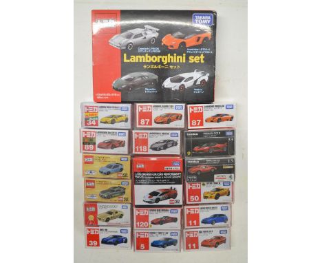 Eighteen boxed small scale diecast model sports cars from Takara Tomy, all Japanese imports to include 4 car Lamborghini set 