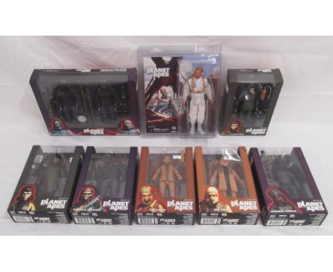 Collection of 7 NECA Planet of the Apes boxed/cased 7" figures and 1 other NECA figure of Colonel George Taylor, all boxes an