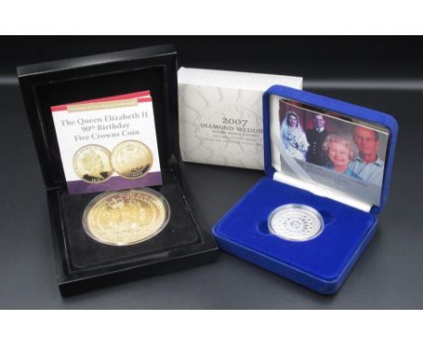 Cased The Bradford Exchange Queen Elizabeth II 90th Birthday Five Crowns Coin, and a cased 2007 Diamond Wedding Silver Proof 