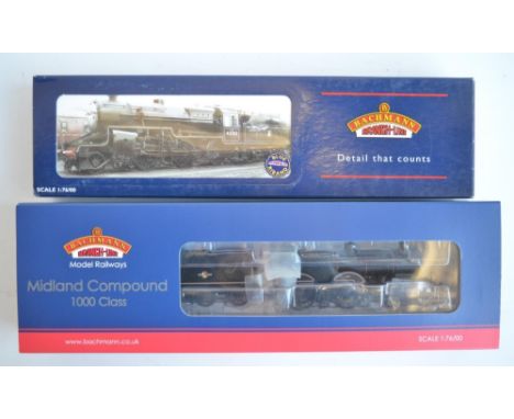 Two OO gauge BR lined black electric steam train models from Bachmann to include 31-933 Midland Compound 41157 Late Crest (mo