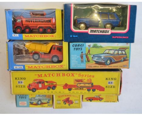 Collection of boxed vintage diecast model vehicles to include Matchbox K-8 Tractor and Transporter (model and box fair), Matc