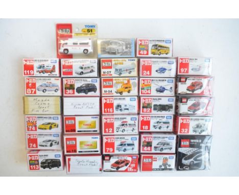 Thirty two boxed Japanese imported small scale diecast models from Takara Tomy to include ambulances, 2x Lamborghini Countach