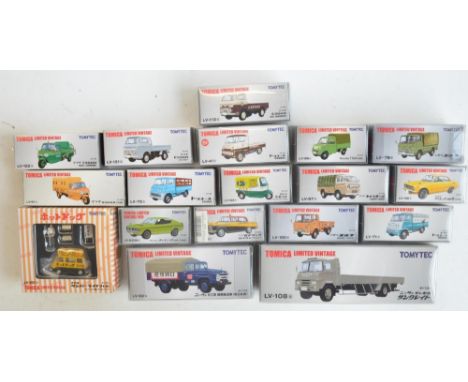 Seventeen boxed Japanese imported 1/64 scale diecast Tomica Limited Vintage models. Models appear mint, boxes/packaging from 