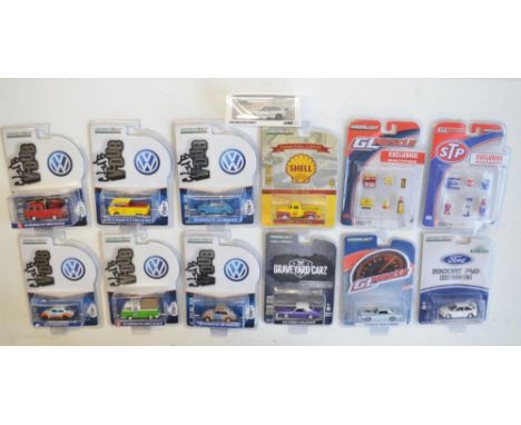 Thirteen boxed/factory sealed 1/64 scale diecast model vehicles and accessory sets to include limited editions from Greenligh