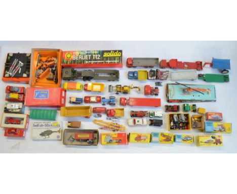 Collection of previously used model vehicles, mostly unboxed to include Dinky, Corgi, a boxed Solido Berliet T12 Tank Transpo