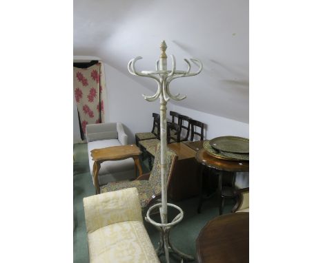 A WHITE AND GOLD PAINTED BENTWOOD HAT, COAT AND STICK STAND  187cm high