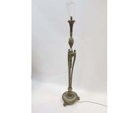 A GREY PAINTED AND PARCEL GILT FLOOR STANDARD LAMP with baluster column raised on circular spreading foot with scrolled toes 