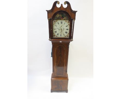 A MAHOGANY LONGCASE CLOCK, 19th CENTURY, the dial painted “Mitchell, Aberdeen”, with broken arch pediment terminating in carv