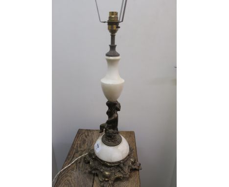 A GILT BRASS AND ALABASTER MOUNTED TABLE LAMP in form of an urn held aloft by a seated amorini, on a domed shape gilt brass b
