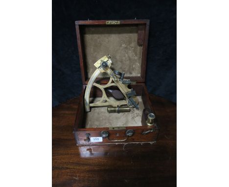 A 19TH CENTURY BRASS SEXTANT BY J.F. LUNDY, GRIMSBY in mahogany case engraved with maker's name