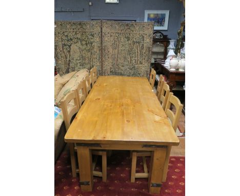 A MODERN RECTANGULAR OAK KITCHEN TABLE AND CHAIRS the table with plain top raised on block square supports with metal mounts 