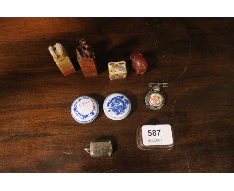 A MISCELLANEOUS COLLECTION to include Chinese seals a travelling ink well a cased seal a Limoges bottle and an enamel box etc