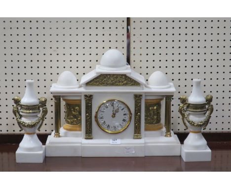 A MODERN WHITE MARBLE AND BRASS MANTLE CLOCK GARNITURE IN CLASSICAL STYLE the rectangular breakfront clock headed by domed mo