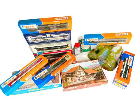 Quantity of assorted HO scale model railways including coaches rolling stock model kits and scenic items all as pictured. inc