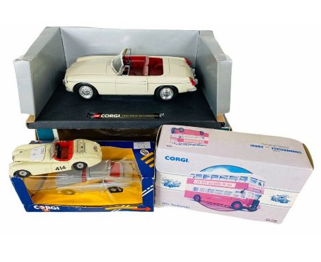 4x Assorted Corgi Die Cast Vehicles - To Include: MGB 1:18 Scale, James Bond Aston Martin - With a Boxed Bus and Unboxed Mode