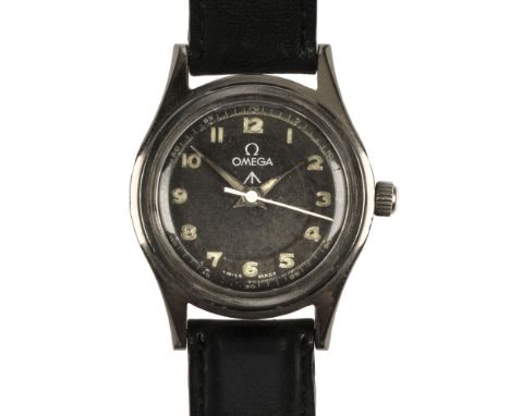 * Military Wristwatch. WWII period Omega wristwatch, the medium-size watch with circular black dial, illuminated arabic numer