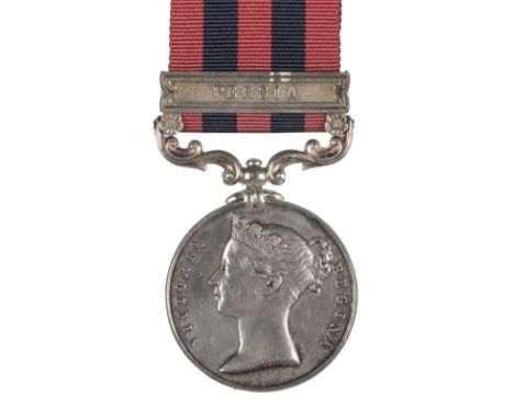 * India General Service Medal to Private R. Wycherly, who also served in the Indian Mutiny and was wounded by a musket ball d