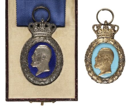 * Sweden. Oscar II 1897 Jubilee medal to members of the Royal Household, silver-gilt with light blue enamel, 50mm, together w