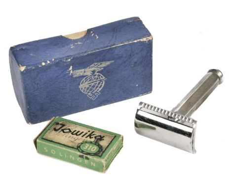 * Zeppelin. A 1930s Zepellin razor, the chrome razor with engine turned handle and spare razor blades contained in a Jowikia 