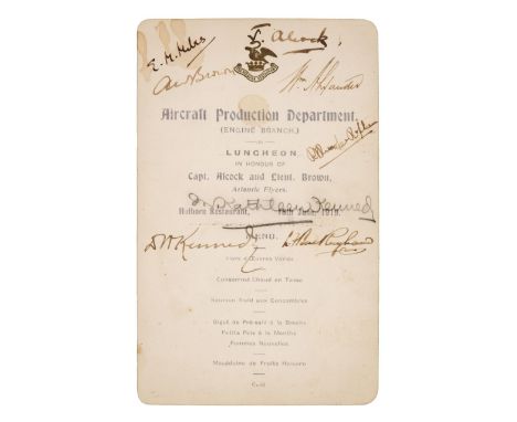 * Alcock (John William, 1892-1919 &amp; Brown, Arthur Whitten, 1886-1948). A printed menu card for the Aircraft Production De
