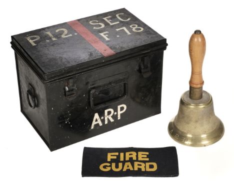 * Air Raid Precaution. WWII ARP handbell by Fiddian, engraved A.R.P. and "Fiddian", light wood handle and brass top nut, 26.5