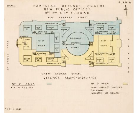 Cabinet War Rooms. 'Fortress Defence Scheme' [cover-title], 1 February 1943, 4 printed hand-coloured plans on glazed linen (l