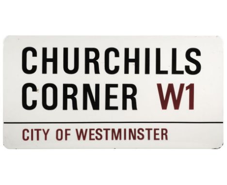 * Road Sign. Churchills Corner W1, City of Westminster road sign circa 1970s, the rectangular white enamel sign with black an