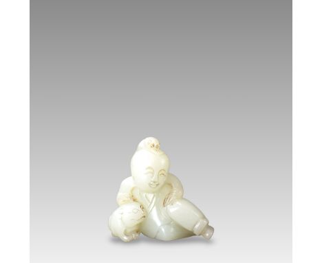 well carved with the smiling boy reclining with one hand on the cat s head, while the parrot sits on the boy s head, L:4.5cm.