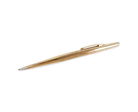 A 9ct gold propelling pencil - engine turned with a vacant cartouche, 13cm long, 21.8g