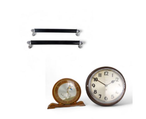 A pair of Art Deco towel rails - ebonised cylinders with chrome fittings, 58cm wide, together with an Art Deco style mantel c