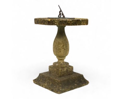 A reconstituted stone sun dial - the octagonal bronze dial signed 'June Fries', overall height 58cm. 