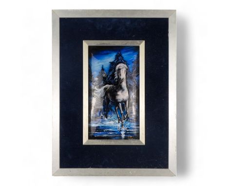 An enamel plaque decorated with a horse in a winter landscape - gilt signed A. Debord, Limoges, framed, overall size 42 x 31.